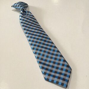 Bergamo New York Tie Boys Clip On Blue Gray Diamond Check 13" Hand Made Classic
